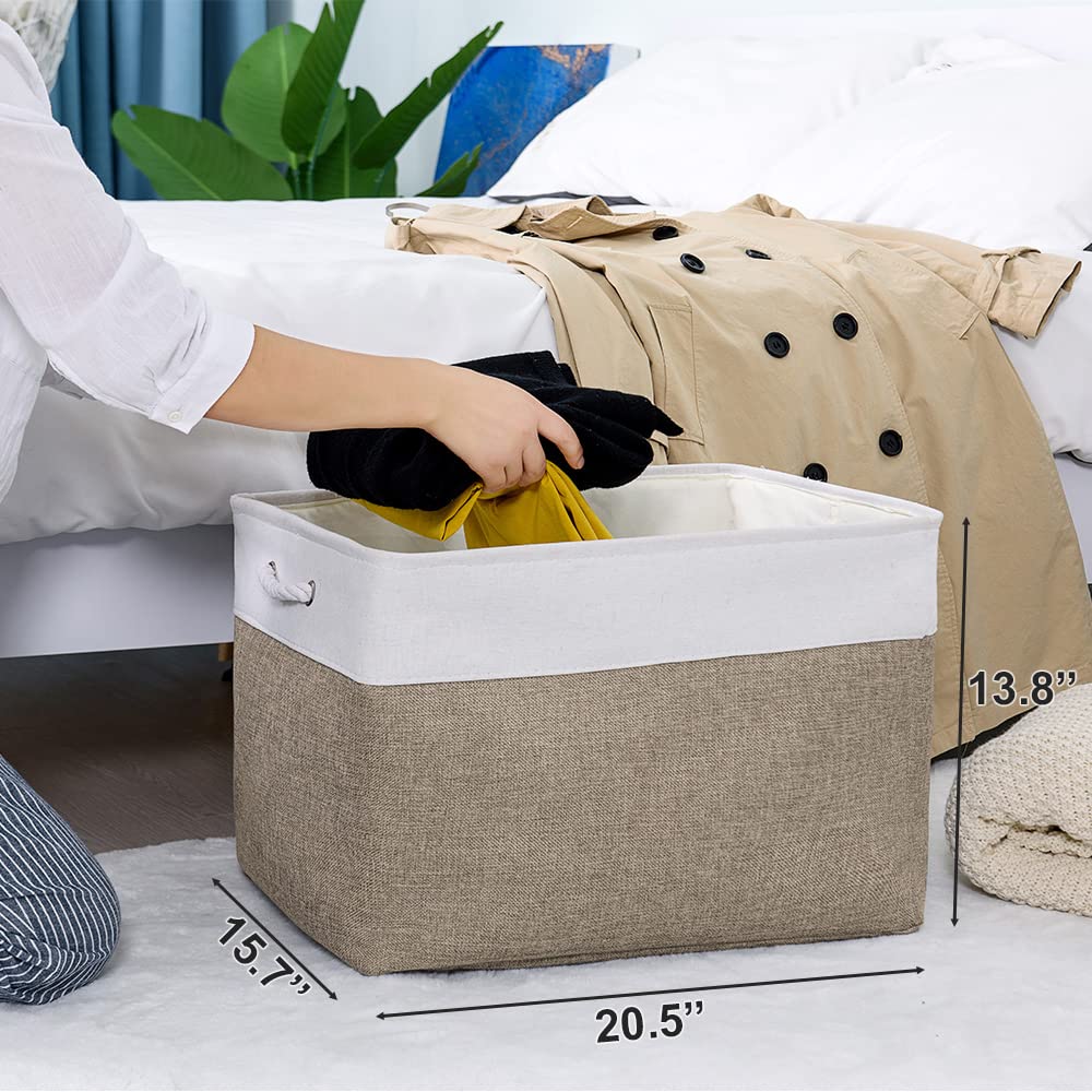 TheWarmHome Kosz do organizowania i przechowywania - 50 x 40 x 35 cm, Jumbo 3-pak, składane pojemniki do przechowywania, kostki do przechowywania z tkaniny do szafy, organizer, zabawka, biały i khaki