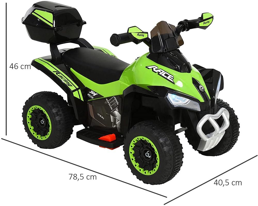 Tecnobike Shop Mini Quad Deluxe 6V luci Suoni Batteria Ricaricabile Marcia Avanti e Indietro Baluetto e Parabrezza (Verde)