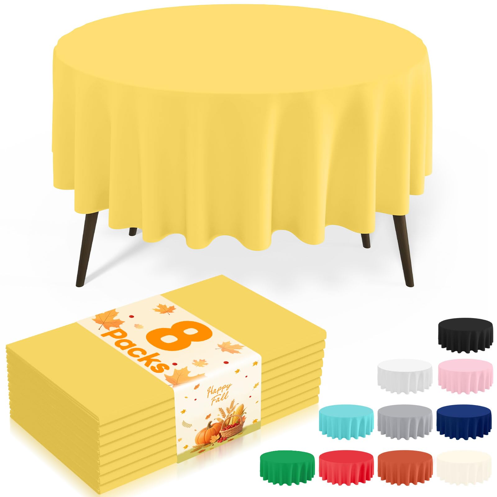misaya 8 Packs Disposable Plastic Table Cloth, 84" Round Waterproof Tablecloth, Leakproof &amp; Sturdy Decorative Table Covers for Picnic, Party, Outdoor and Back to School, Yellow