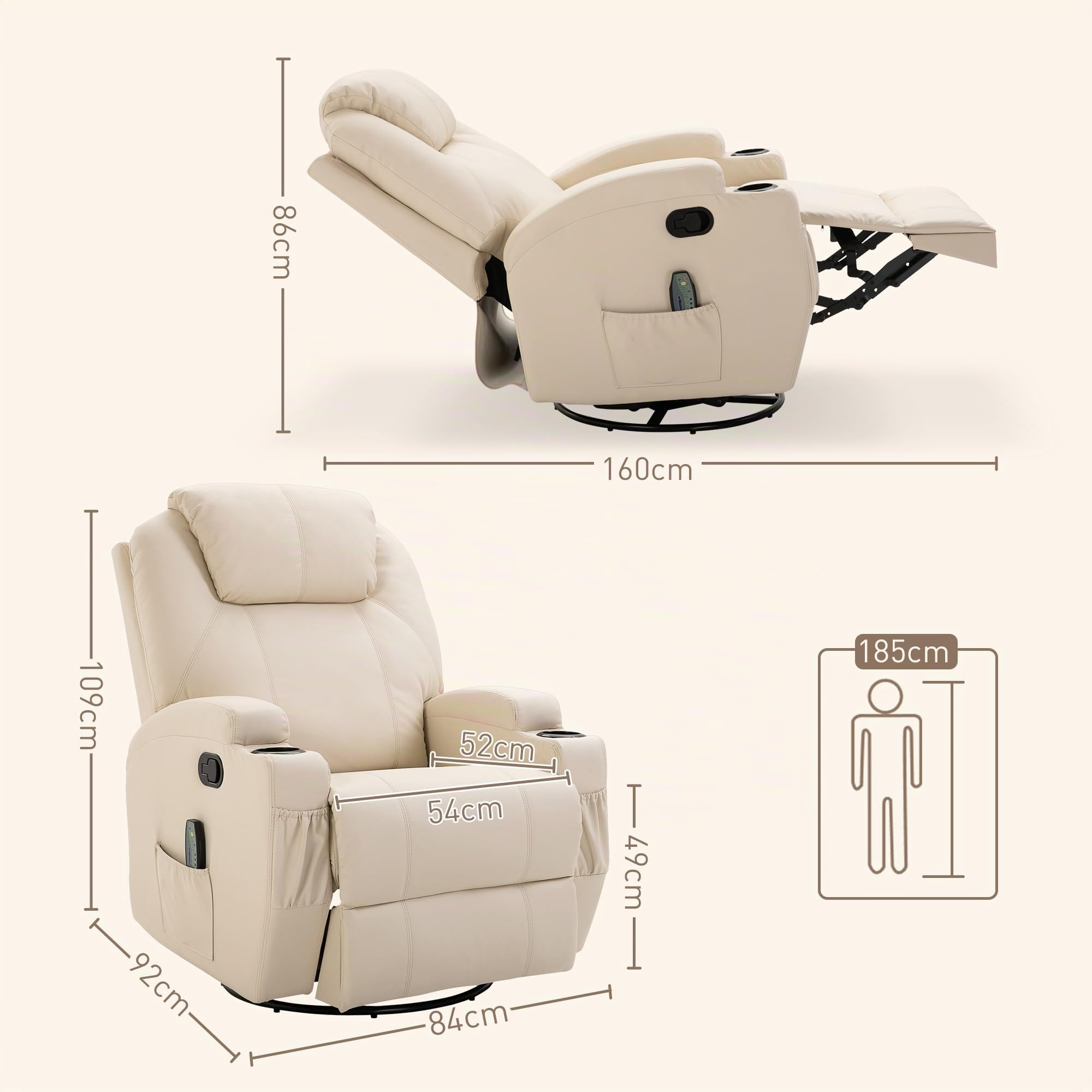 HOMCOM Relaxsessel Massagesessel mit Liegefunktion Vibration Cremeweiß | Fernsehsessel, Fußteil, Seitentasche, TV Sessel, Liegesessel, Ruhesessel, für Wohnzimmer