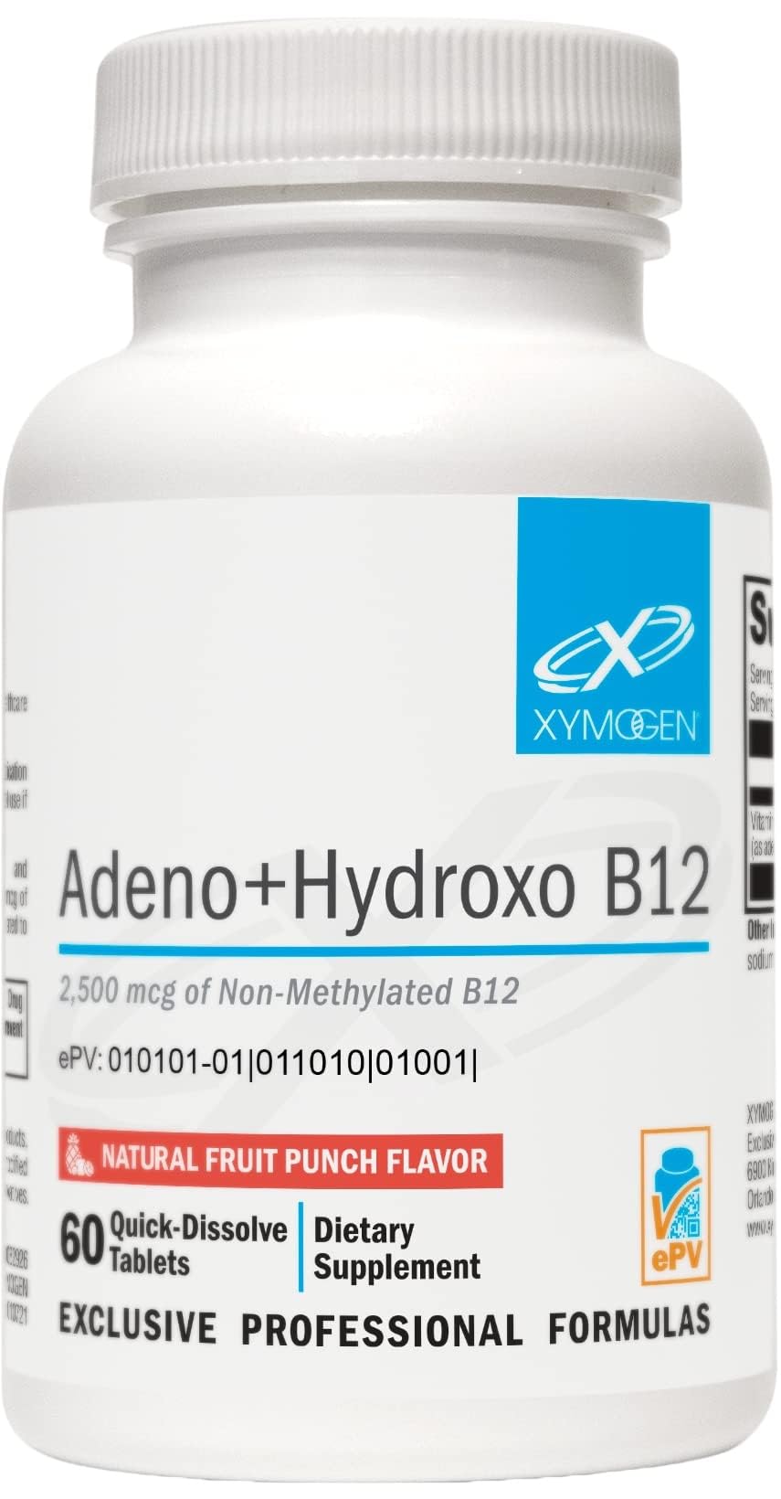 XYMOGEN Adeno+Hydroxo B12 - Μη αιθυλιωμένο (2.500mcg) - Quick- Dissolve B12 Lozenges with Adenosylcobalamin B12 + Hydroxocobalamin - Γνωστική Υποστήριξη, Fruit Punch Flavor (60 δισκία)