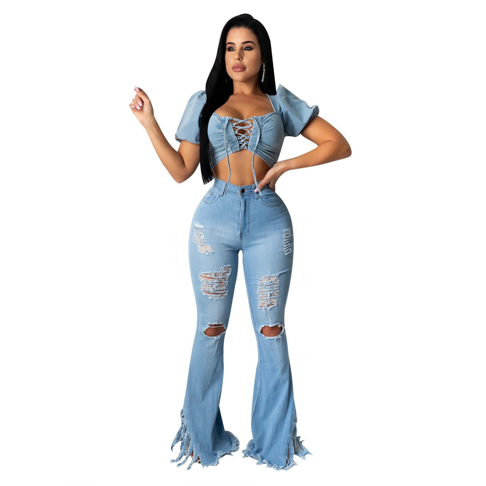 Jeans da Donna Skinny A Zampa D'elefante Elasticizzati Gamba Larga Vita Alta Classici retrò-Blu Scuro-l