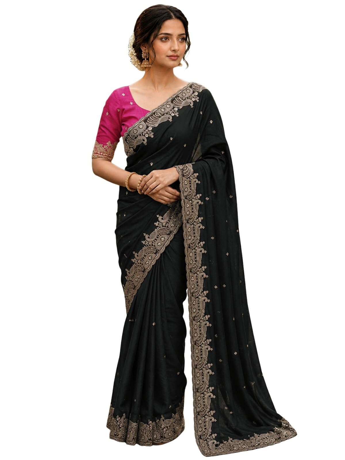 satrani Women's Embroidered Chinnon Saree with Unstitched Blouse-picture-24