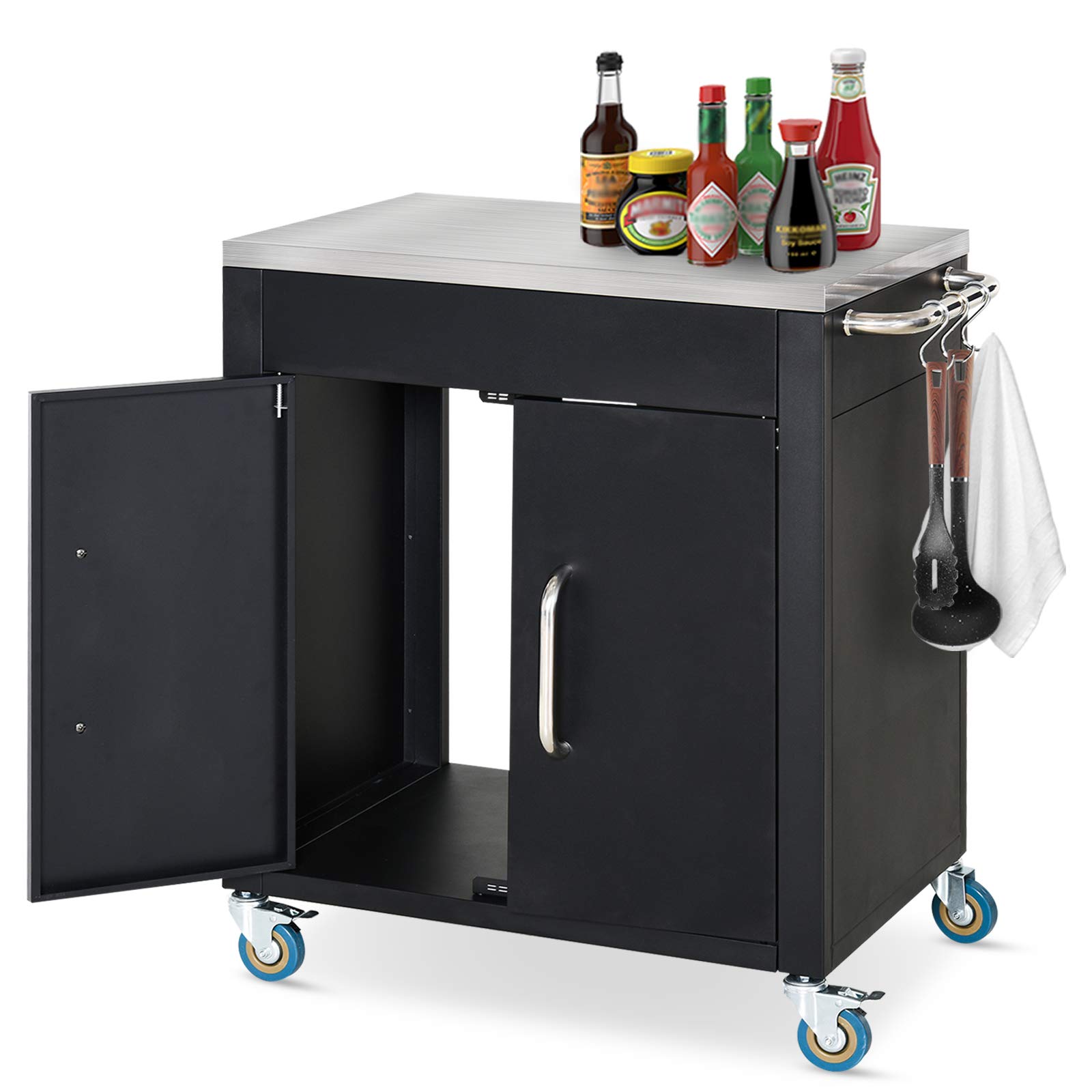 HOMCOM Küchenwagen mit Rollen mit Schrank Haken 86 x 50 x 86,5 cm Schwarz | Servierwagen, Küchentrolley, Edelstahlgriffe, Rollwagen, Küchenhilfe