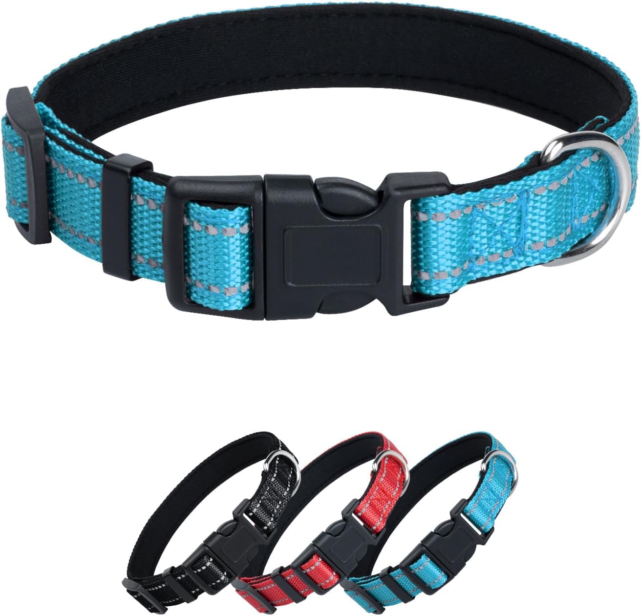 HUSAIHU Dog Collar, Adjustable Basic Dog Collar, Nylon Reflective Padded Collar with Safety Buckle, Durable Pet Collars for Puppy Small Medium Dogs, 2 cm Width, Blue, S