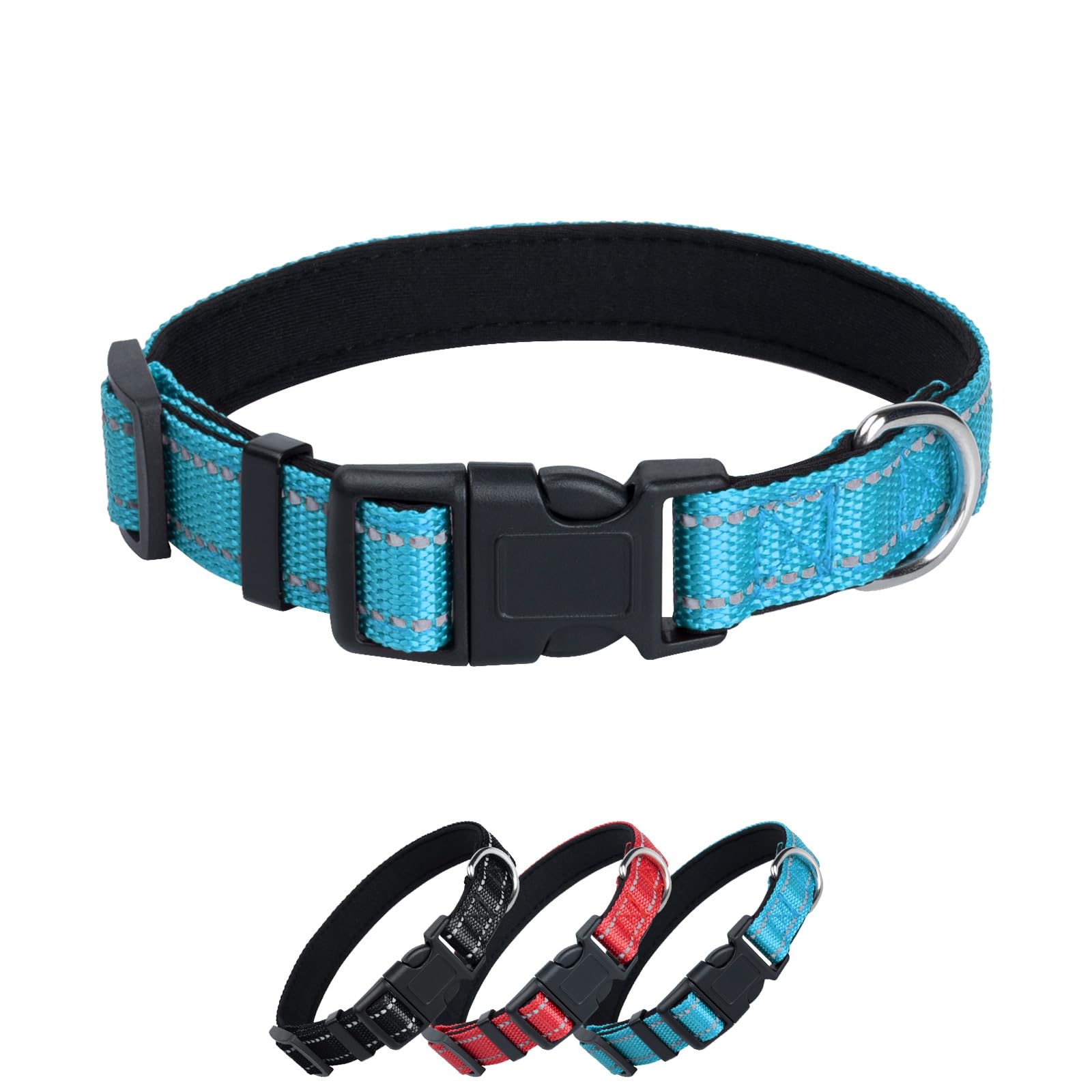 HUSAIHU Dog Collar, Adjustable Basic Dog Collar, Nylon Reflective Padded Collar with Safety Buckle, Durable Pet Collars for Puppy Small Medium Dogs, 2 cm Width, Blue, S