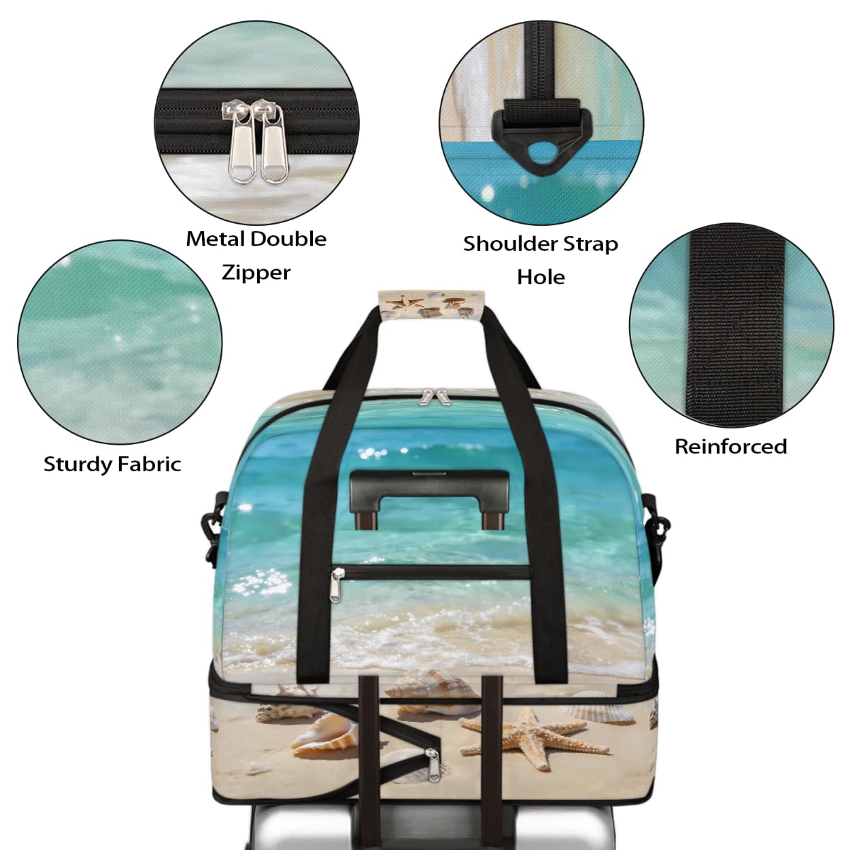 Bolsa de viaje plegable de verano con diseño de estrellas de mar y conchas marinas, bolsa de gimnasio expandible con compartimento para zapatos, bolsa de fin de semana de gran capacidad para viajes