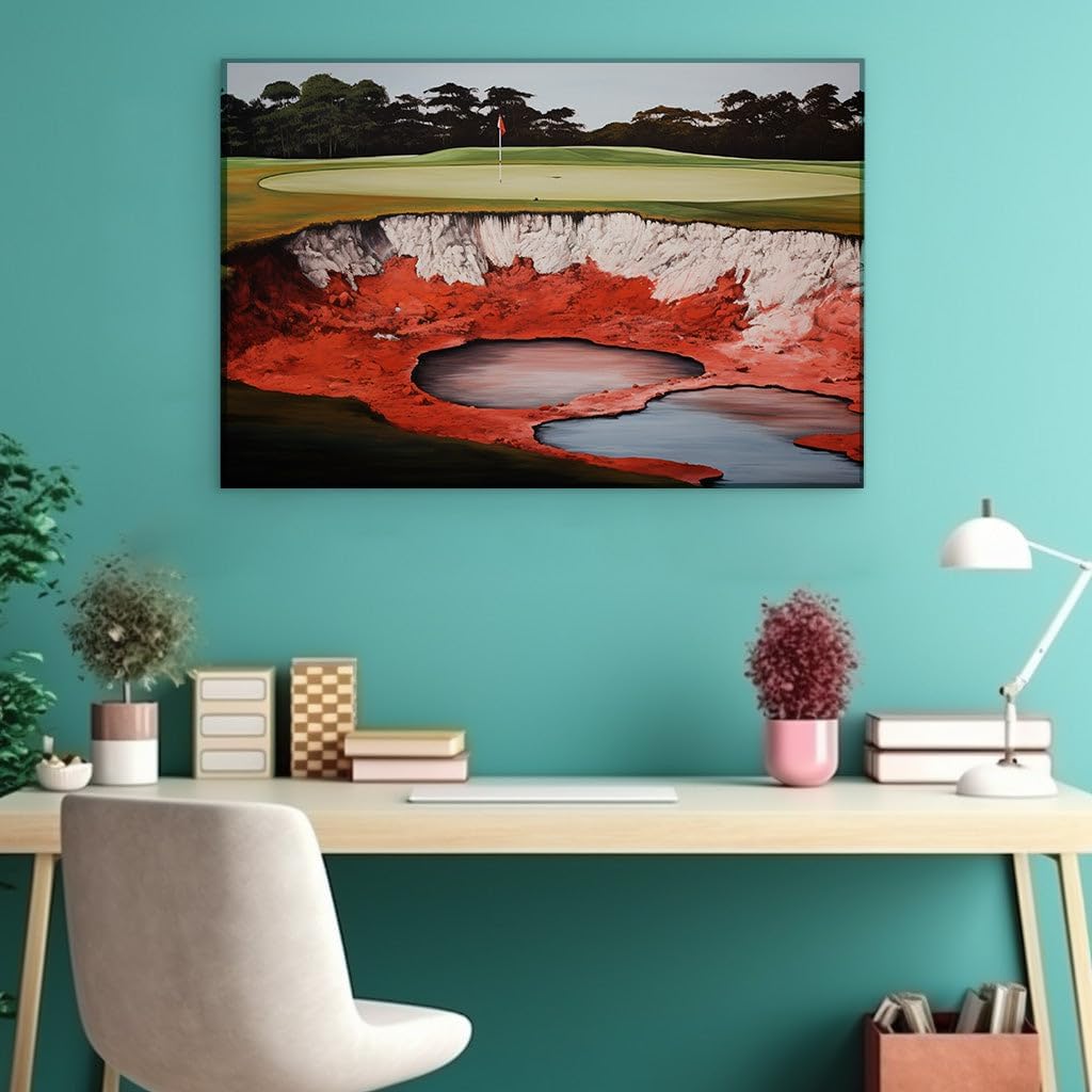 Canvas for Living room. Sinking Wonders on the Green: A Vivid Depiction of Nature's Interruption on the Golf Course, 27 x 18 inch Canvas Wall Art - Beach Sunsets And Sunrises - Modern Home Decor