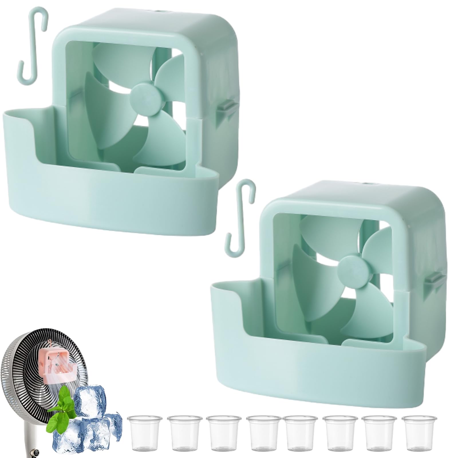 No Drill Hanging Fan Cooler with 4 Reusable Ice Cups, Cooling Fan Ice Attachment, Home Office Bedroom Outdoor Use Balcony Festival Patio Outdoor Tent (2pcs-1)