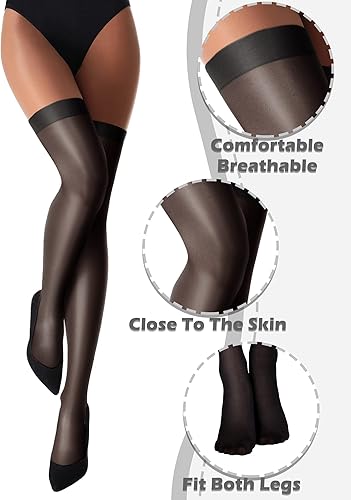 Miniatura 5 de Geyoga 4 pares de medias altas hasta el muslo brillantes para Halloween, cosplay, medias de seda brillantes para mujer