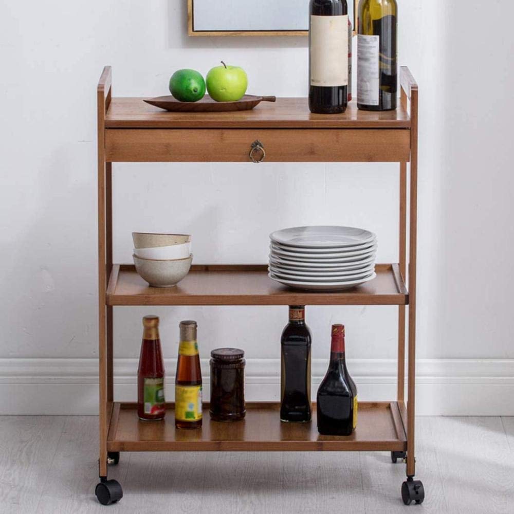 Carrito de Servicio de Madera de bambú con cajones y Ruedas para Almacenamiento en la Cocina. Carrito para Buffet.