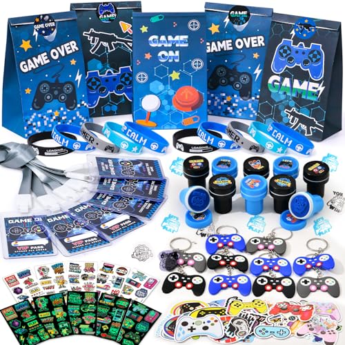 110 pcs Videojuegos Artículos Fiesta Piñata Cumpleaños Infantil con Pulsera Silicona Llaveros Bolsas de Fiesta Sello Pegatina Tatuaje Luminosa VIP Pase Video Game Regalos Invitados Cumpleaños Niños