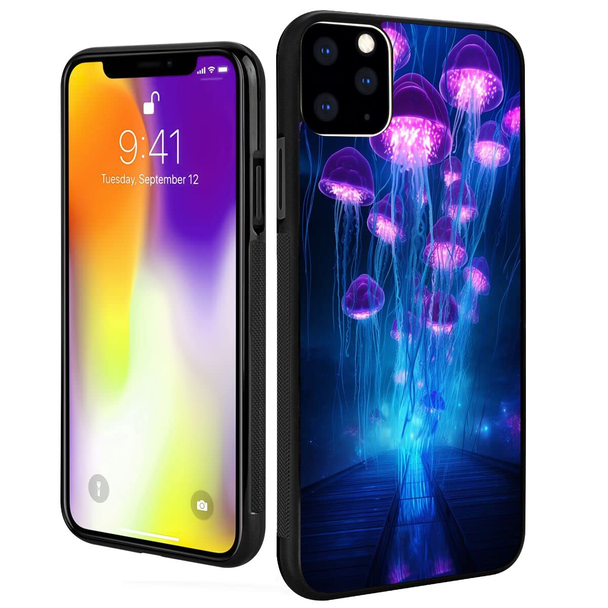 DeweiDirect Phone Case for iPhone 11 Pro with Jellyfish Designer Art170 Black Slim Rubber Frame Full Body Protection Cover Case for iPhone 11 Pro Drop Protection