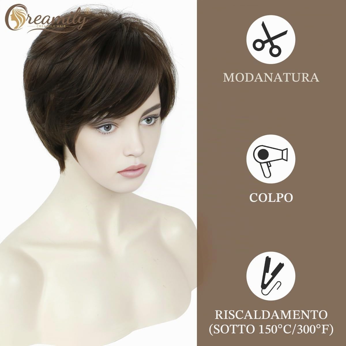 Creamily Parrucche corte castane, parrucca corta Pixie Cut con frangia per donne, parrucche sintetiche a strati naturali per capelli corti da donna, per cosplay, feste, uso quotidiano
