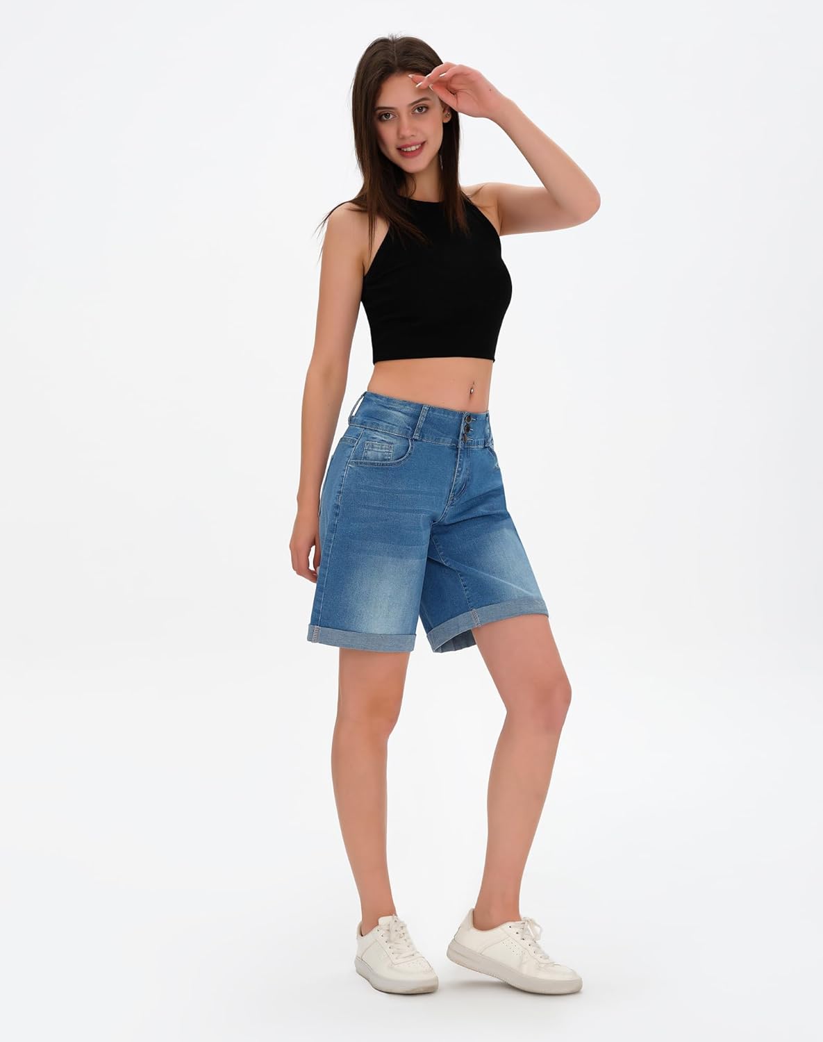 roswear Women's High Waisted Stretchy Wide Leg Denim Shorts Casual Summer Cuffed Long Jean Shorts - Image 6