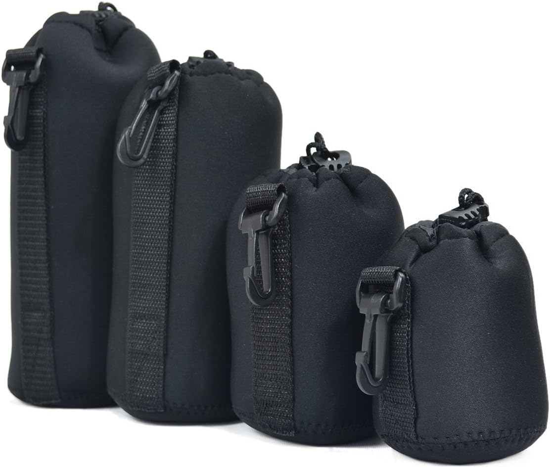 Neoprene Lens Case Pouch Set for DSLR Camera - Pack of 4 - Thick Protective Bags - Protect from Moisture, Dust, & Scratches - (S, M, L, XL) - Black