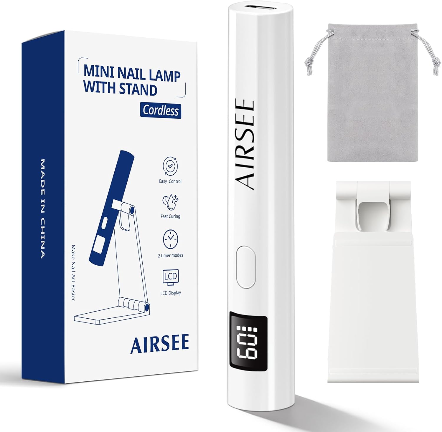AIRSEE Mini Handheld UV Light with Storage Bag & Stand,Cordless and Portable Nail Lamps,2 Timers & LCD Display for Fast Cure All Soft Gels, Especially Rhinestone Glue at Home,Travel(White)