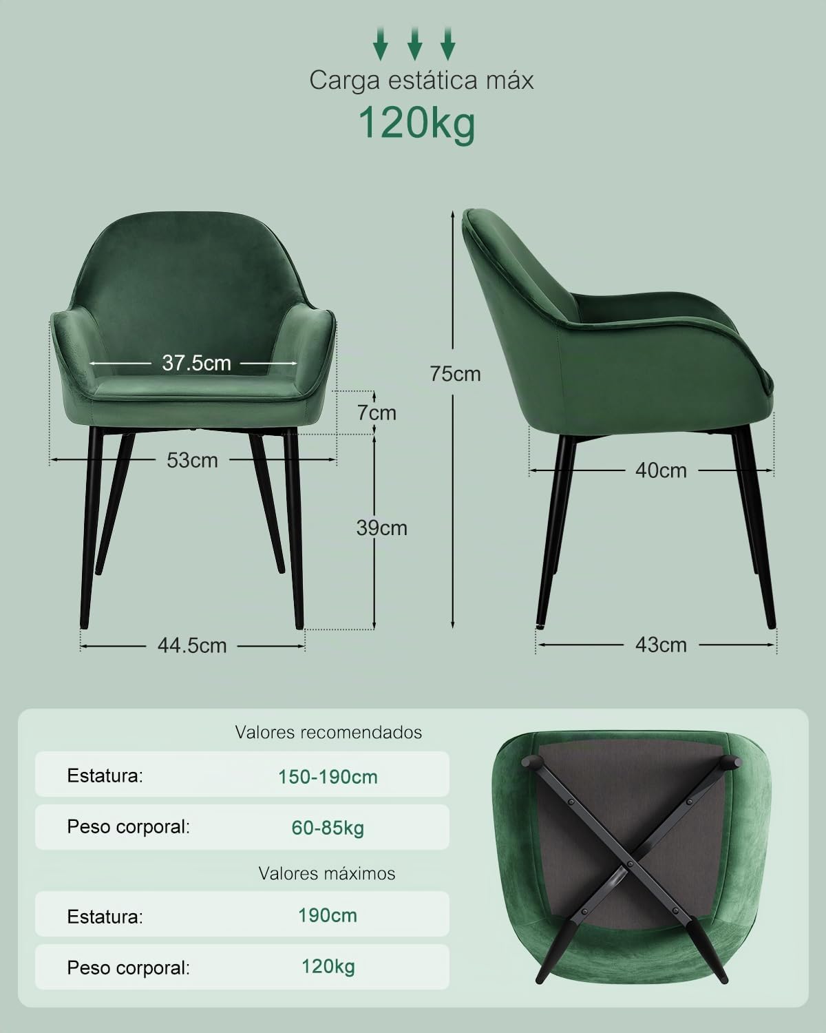 ELUCHANG Silla de Comedor Tapizada Terciopelo con Reposabrazos Pack 4, Ergonómica para Cocina, Dormitorio, Sala, Carga 150kg, Patas de Metal Estable, Verde