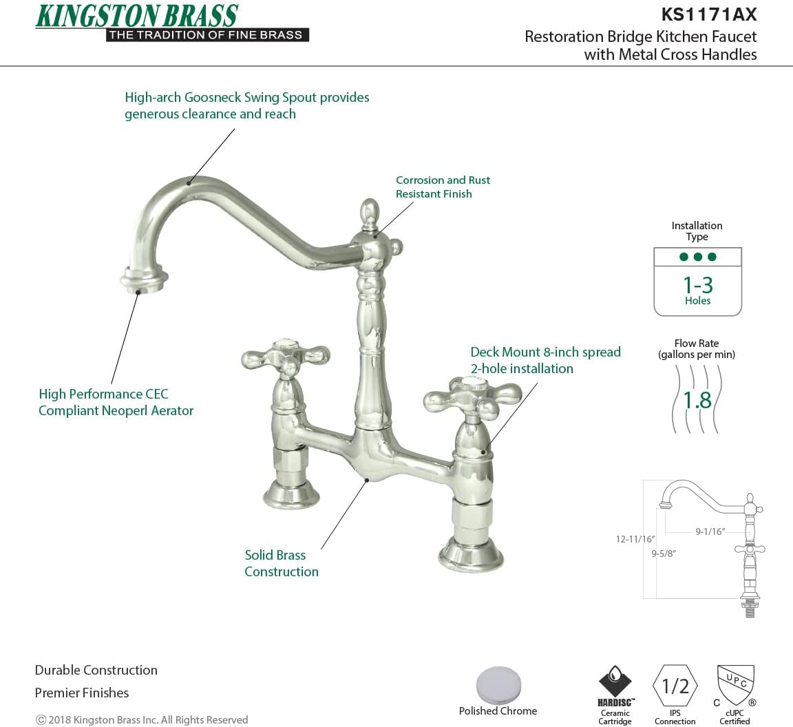 Kingston Brass Elements of Design ES1171AX New Orleans 2-Handle 8' Center Bridge Kitchen Faucet, 8- 1/2', Polished Chrome