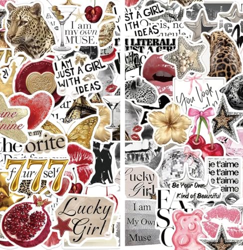 100Pcs Lucky Girl Stickers Waterproof Fashion Silvery Gold Aesthetics Sticker Trendy Stickers Vinyl for Journal Laptop Skateboard Phone Water Bottle Accessories Gifts Y2k Sticker