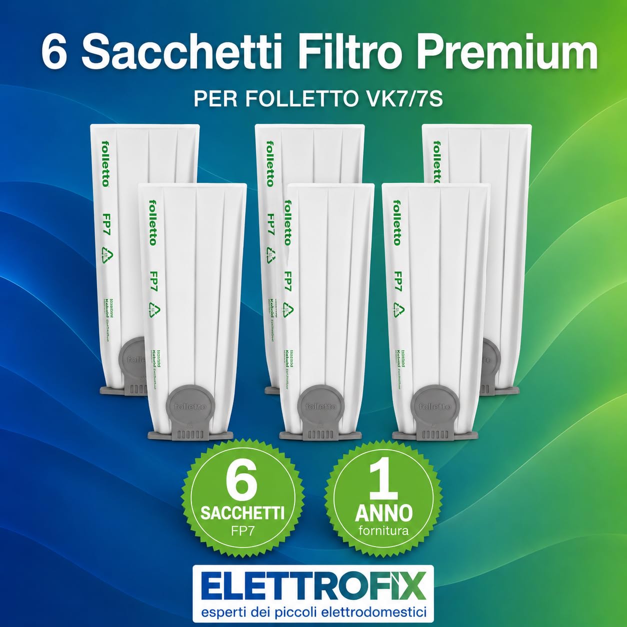 6 Sacchetti Folletto VK7/7S ORIGINALI SENZA DOVINA - Filtrello Premium FP7 per Folletto VK7/7S - con Filtro HEPA 99,99% - Triplo Strato Antipolvere, Anti Allergeni e Anti Odore