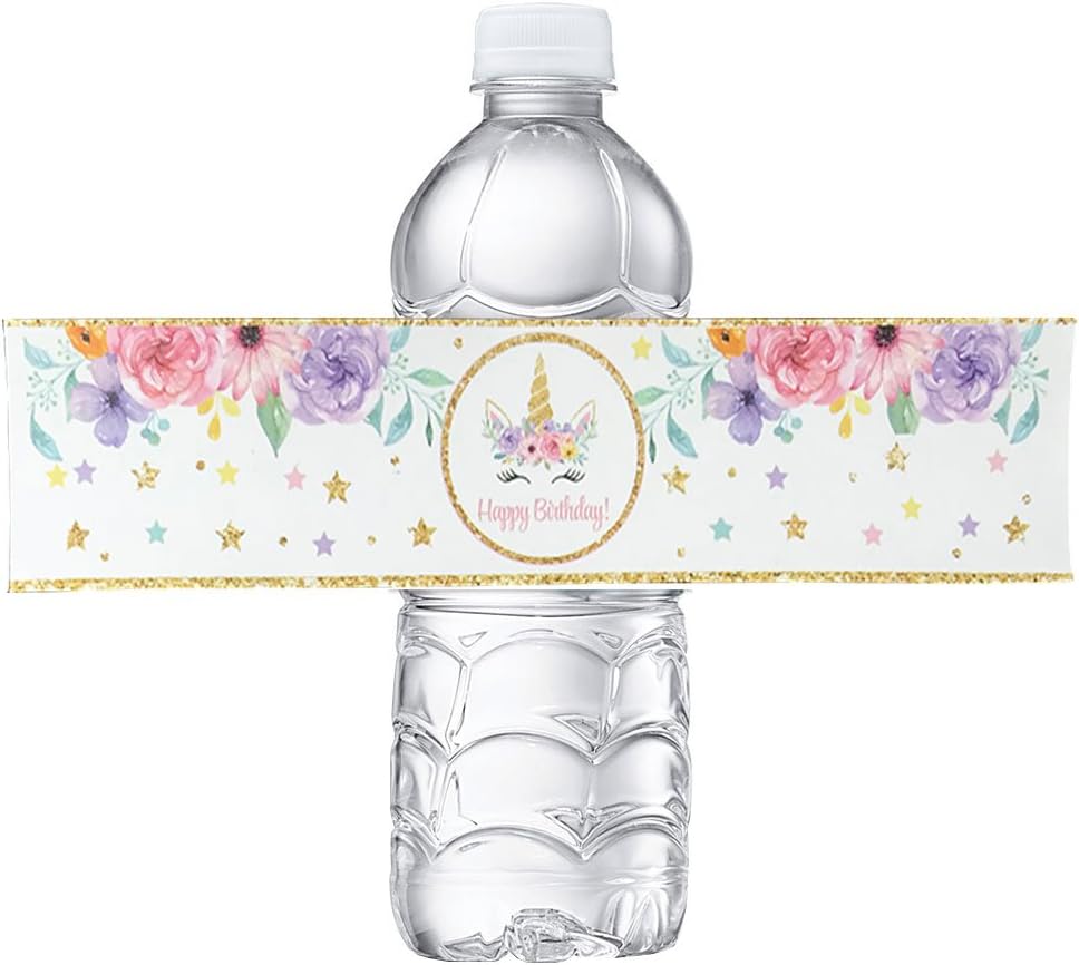 Unicorn Bottle Wraps-Happy Birthday Water Bottle Label Rainbow Unicorn Themed Party Favors, Set of 24 Waterproof Stickers