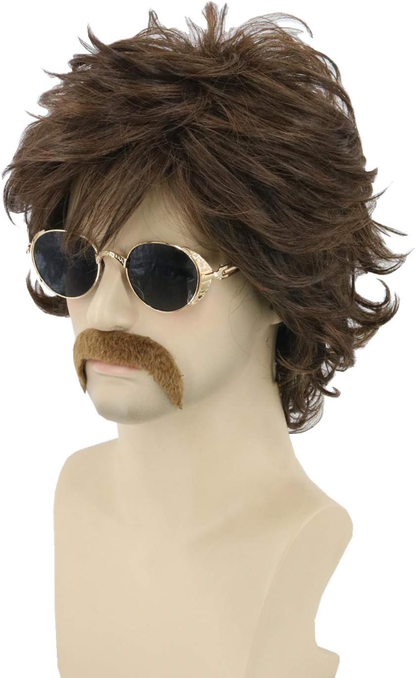 70s Men's Wig Brown Short Curl Shaggy Halloween Costume Party Cosplay Wig
