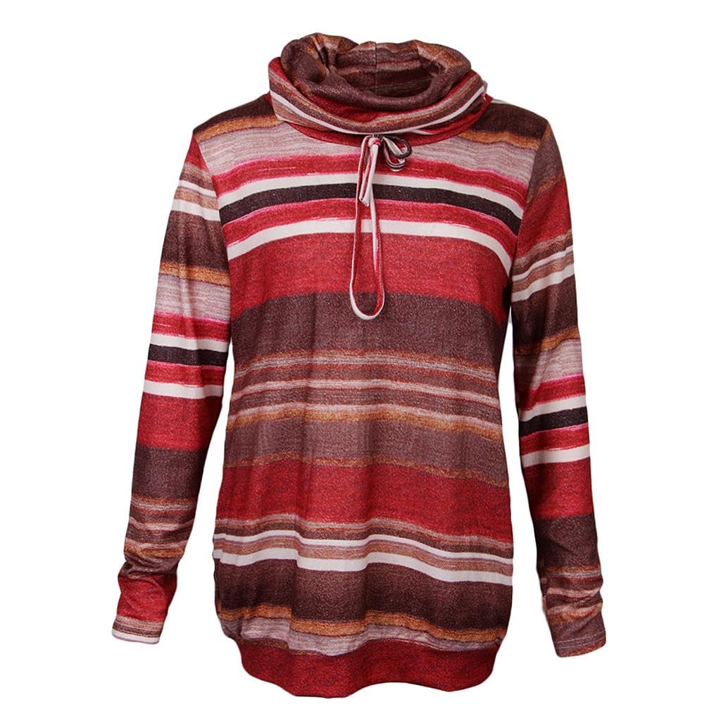Women Cowl Neck Striped Hoodie Long Sleeve Pullover Top with Pocket S Red-image-33