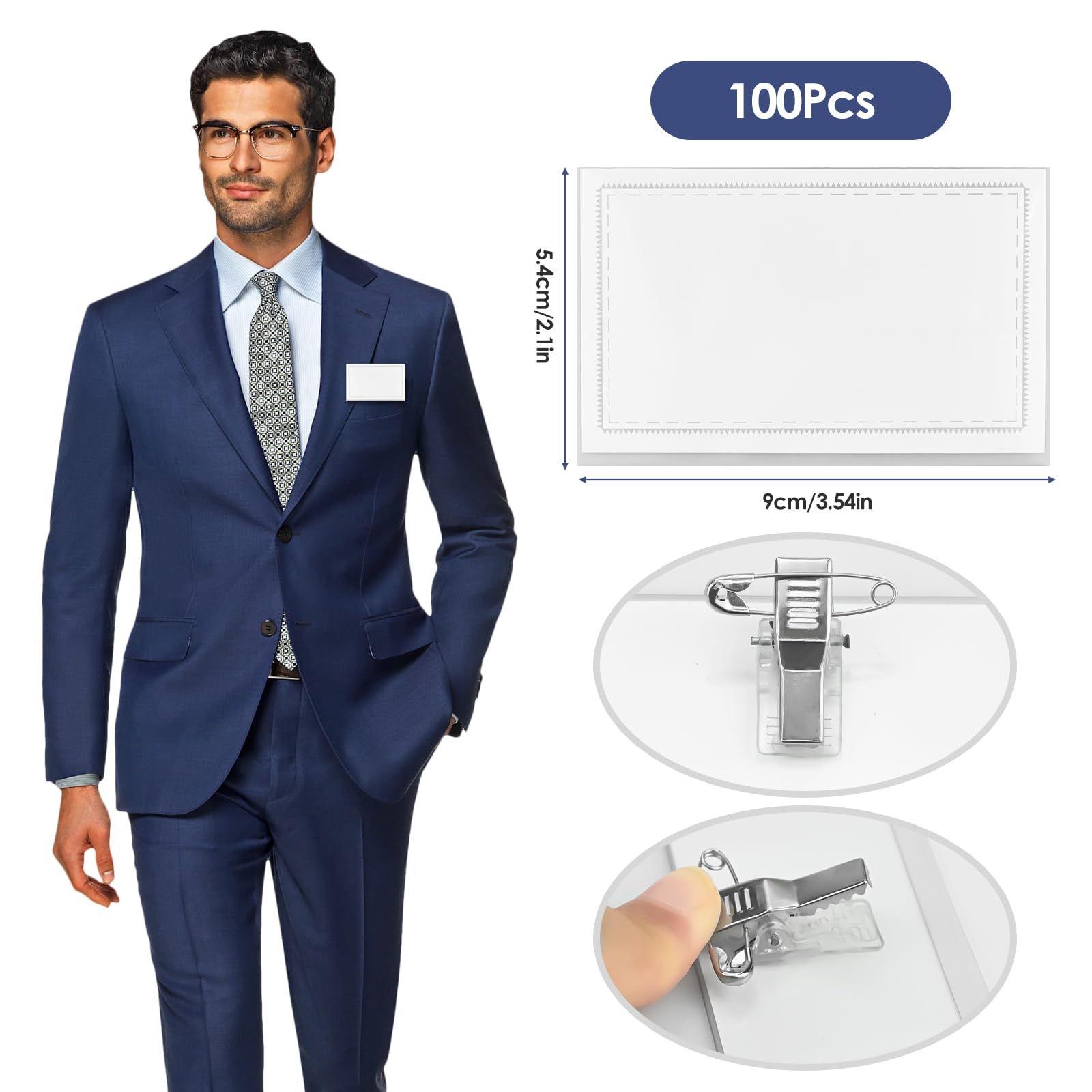 100 etiquetas para nombre, 90 x 56 mm, transparentes, fundas para tarjetas de identificación con clip y pin, para escuelas, oficina, viajes