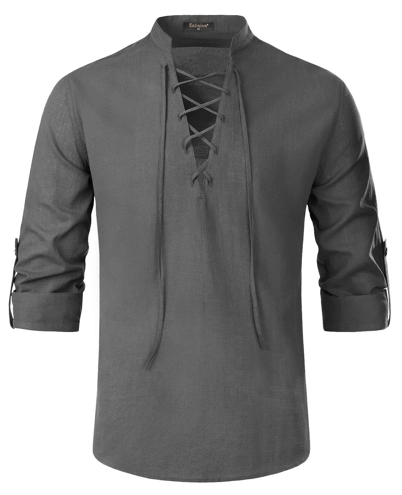 Enlision Camisas de Lino para Hombre Retro Medieval Renacimiento Cordón Henley Camisa Escocesa Ghillie Camisas de Manga Larga