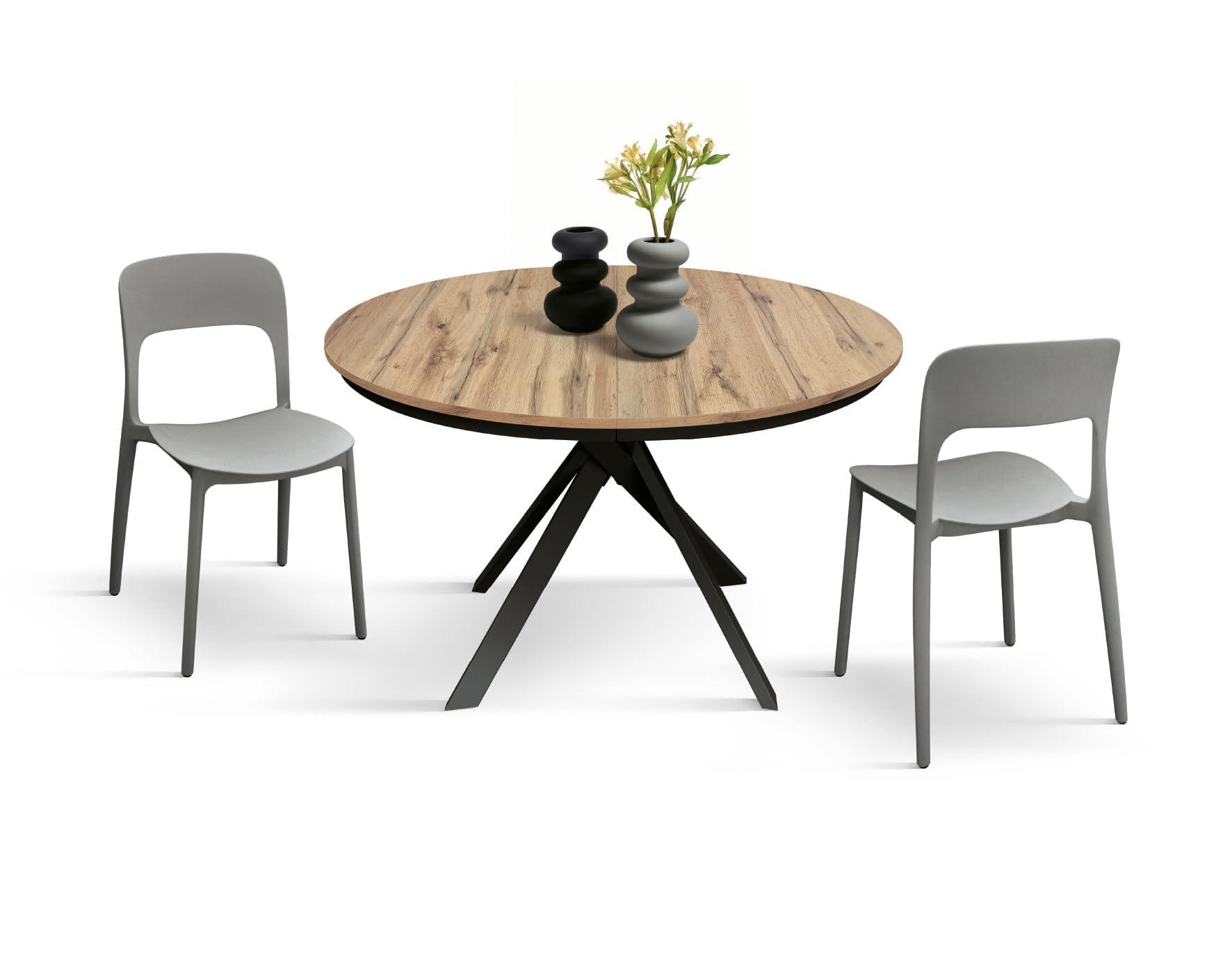 Table Ronde Extensible Gabri - Pieds Croisés Noirs, Plateau Chêne Rustique - De 120 à 170 Cm - Fabriquée En Italie - 8