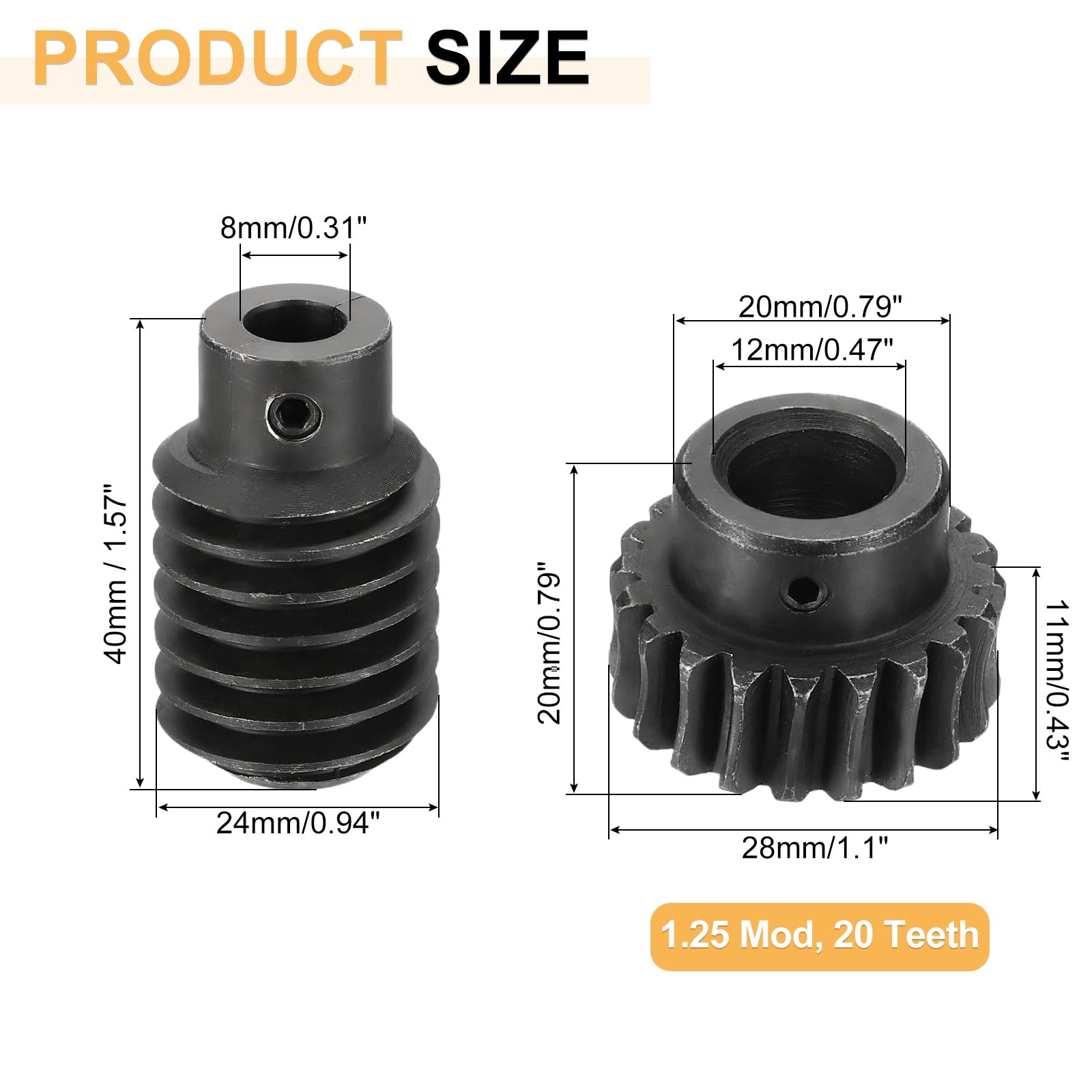 QUARKZMAN Set Ingranaggio A Vite Senza Fine In Acciaio 1045 20T Modulo 1.25 Rapporto Di Riduzione 1:20 Destra Ruota Riduttore (Ingranaggio-Foro 12mm Diametro Esterno 28mm Asta Foro 8mm)