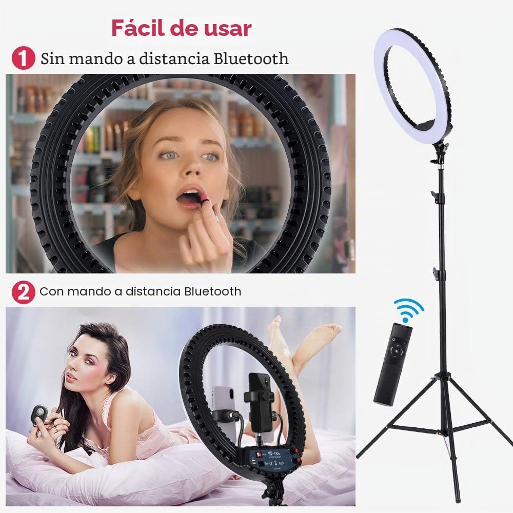 Anillo de Luz con Tripode 18", Ring Light Led con Control Remoto Bluetooth para Móvil Selfie Maquillaje Fotografia Youtube Tik Tok Live