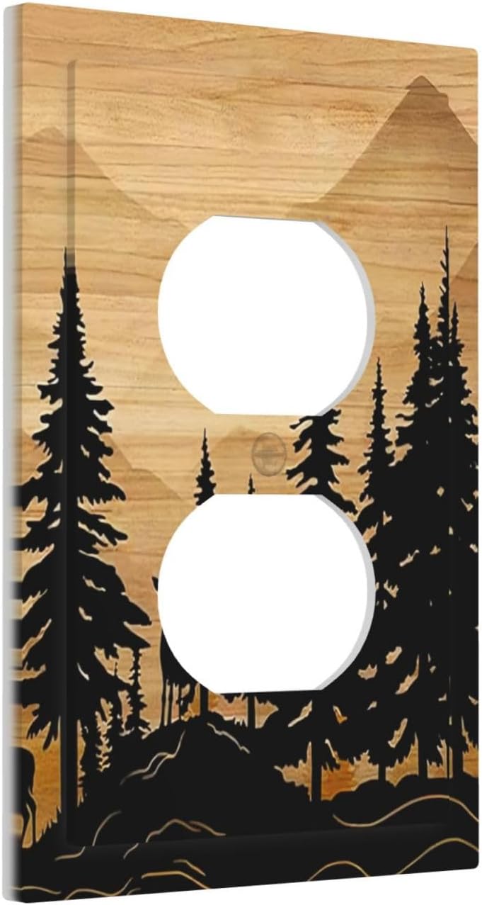 Rustic Forest Pine Tree Wood Outlet Covers Light Switch Cover Wall Plate Decorative Deer Country Farmhouse Brown Switchplate Outlet Faceplate for Kitchen Office