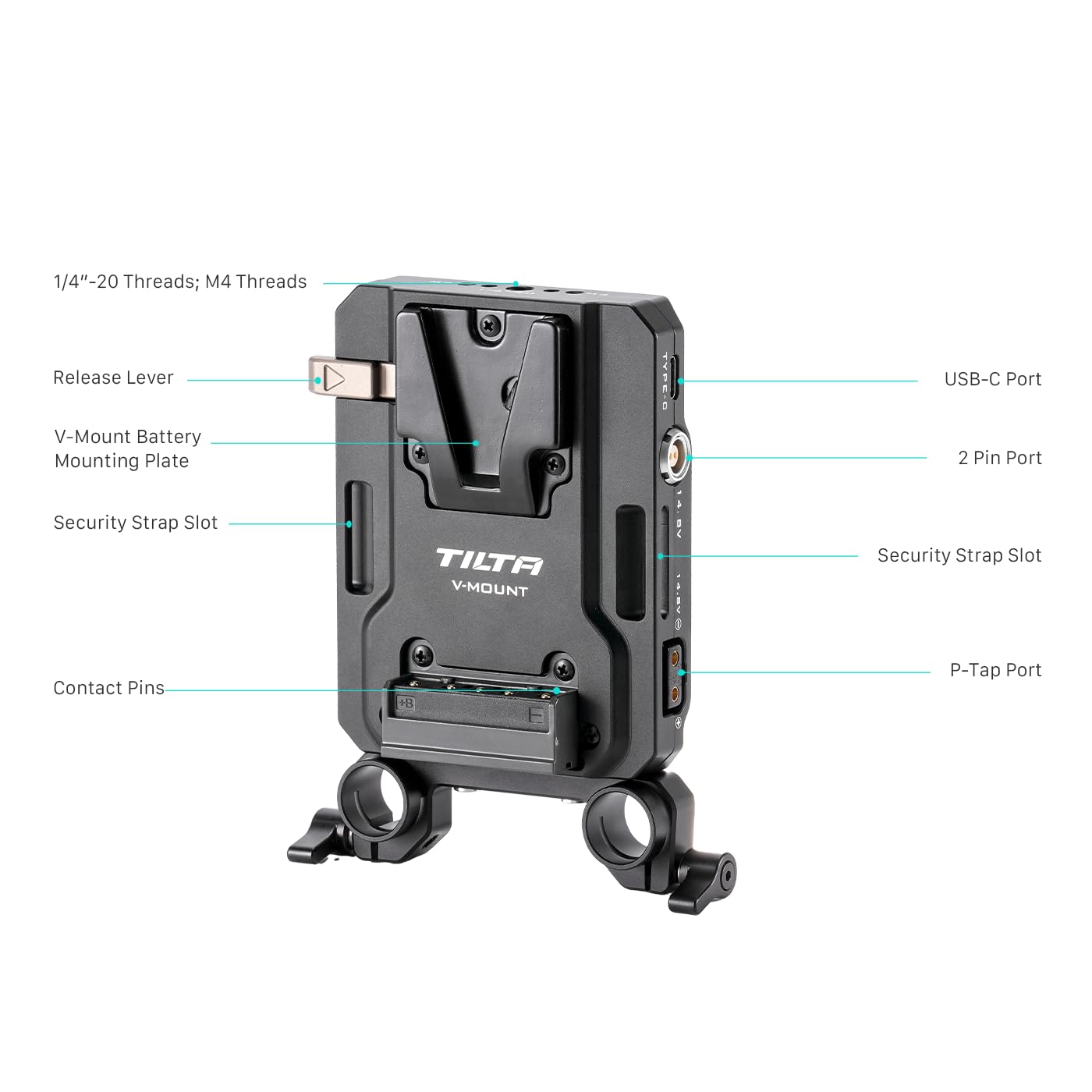 Tilta Mini PD V Mount Battery Plate con Filettatura da 1/4"-20, Porta USB-C / 2 Pin/P-Tap - Nero TA-BTP4-V-B
