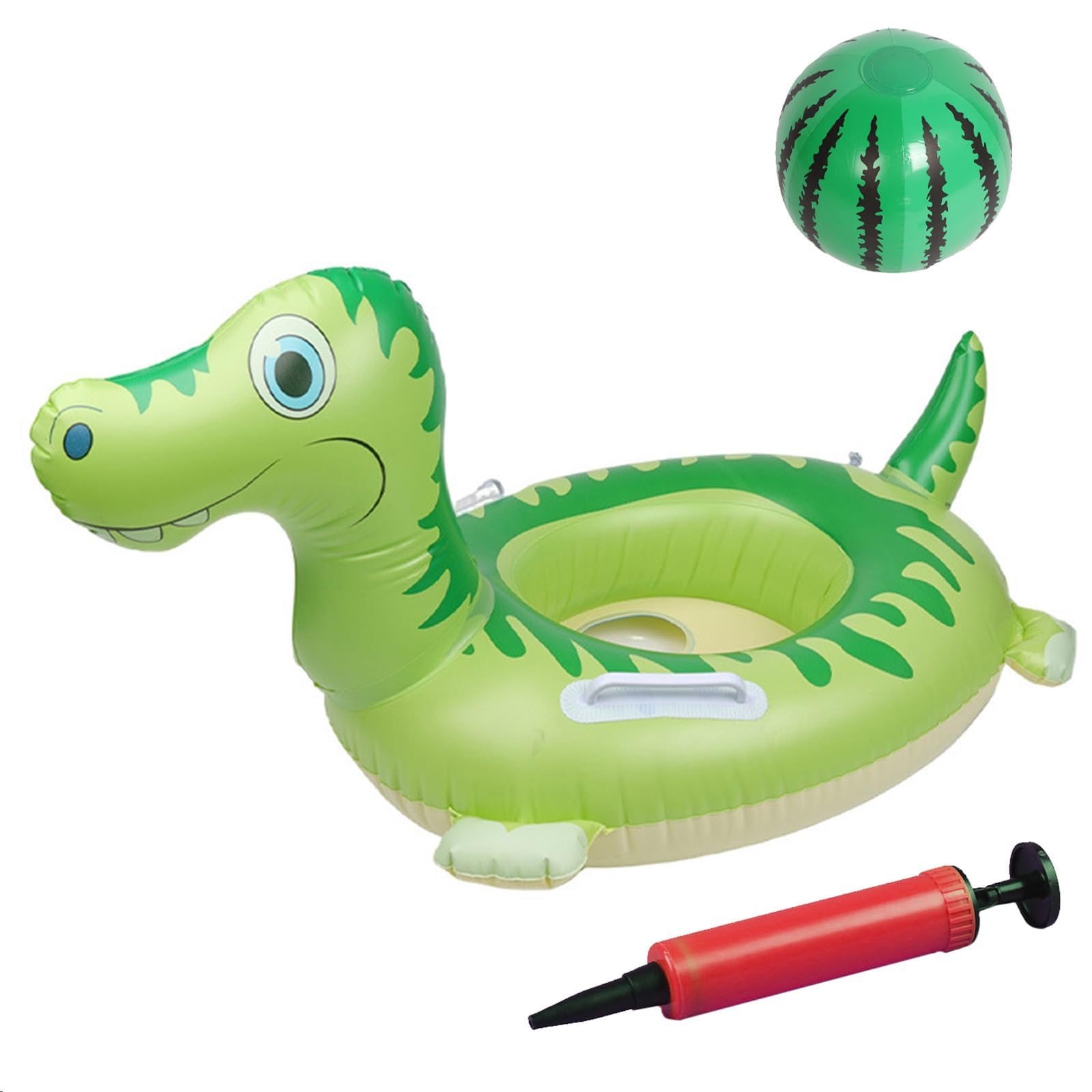 HUNUH 3 Pc Inflatable Pool Floats Set, PVC Pool Float Kit with Dinosaur Swim Ring, 12 In Beach Ball & Air Pump, Decorations for Swimming Pool and Beach Party