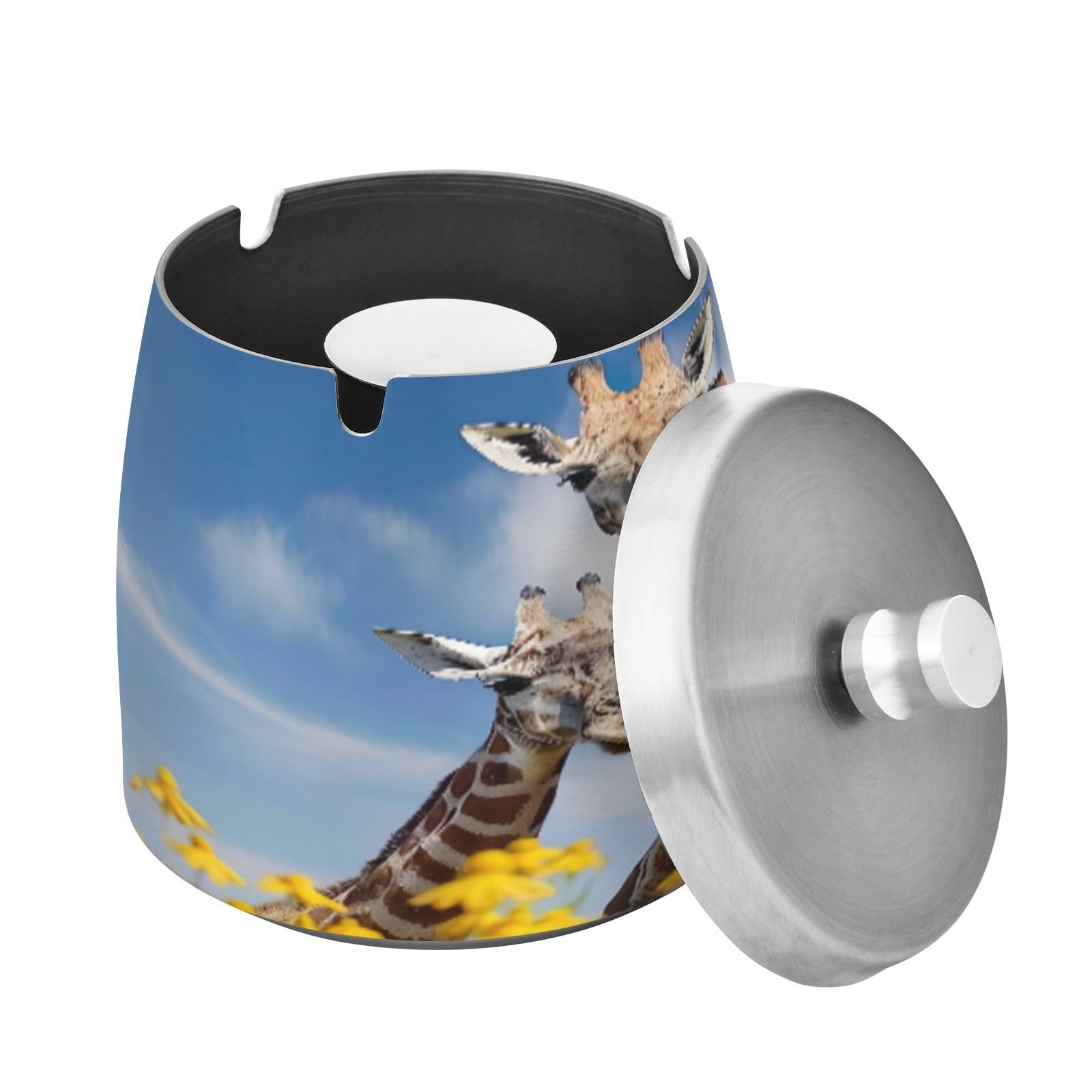 SKYSHU Giraffe Ashtray with Detachable Lid and Anti-Skid Pad, Scrath-Resistant Stainless Steel Cigarette Ashtray Smokeless Odorless Windproof Cigar Ash Tray for Smoker Indoor Outdoor Use