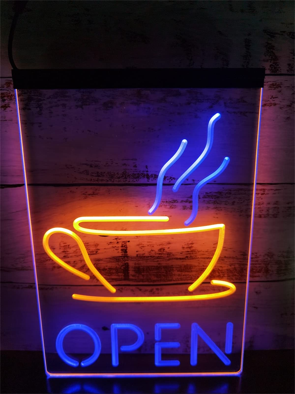 KEYQEEN Open Coffee Cup LED Neon Sign, Cafe Shop Party Dual Color Neon Lights for Wall Decoration USB Luminous Signboard,Blue Orange,30x40cm