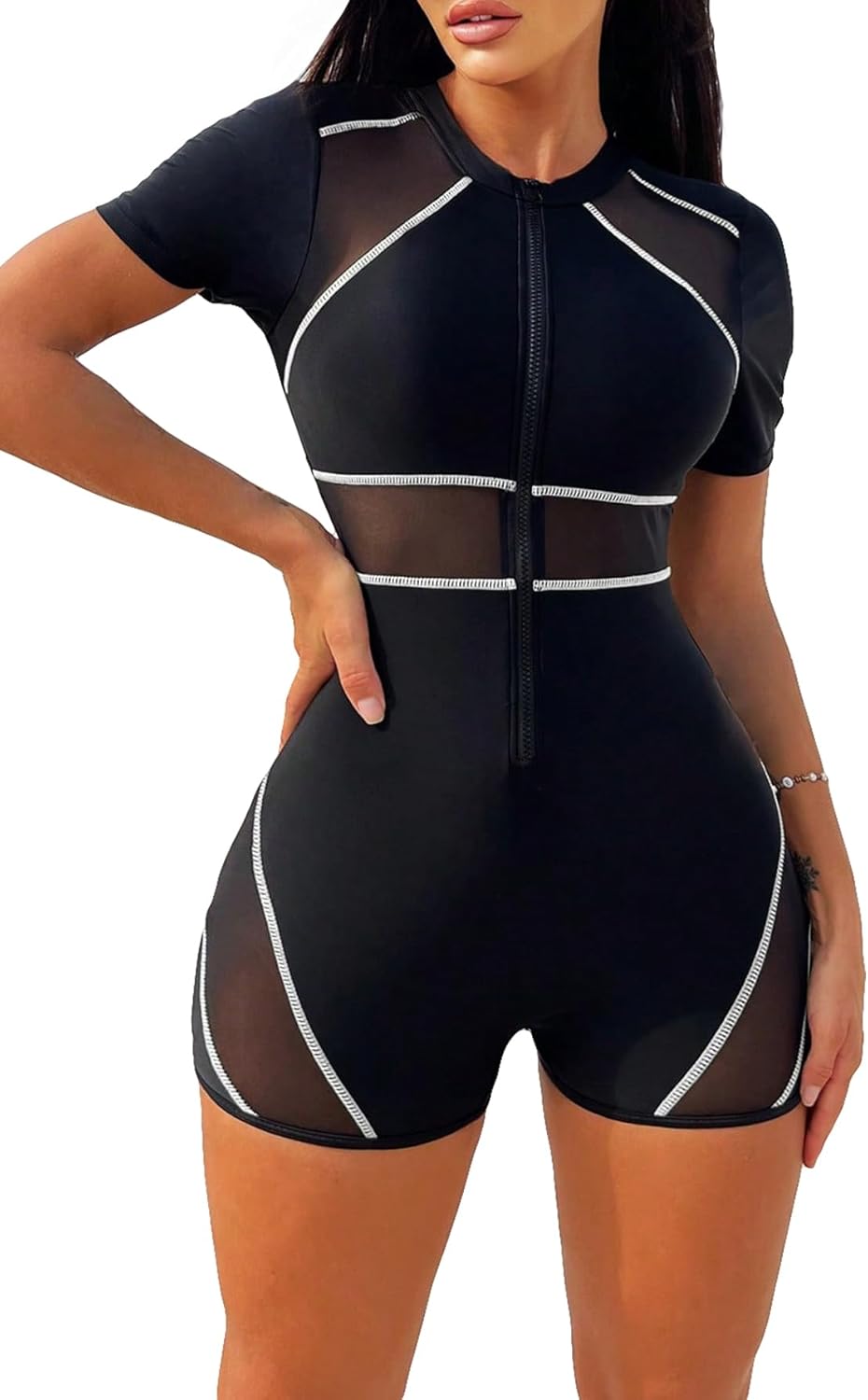 MakeMeChic Women's Colorblock Zip Up One Piece Swimsuit Mesh Insert Short Sleeve Surfing Shorts Bathing Suit Large Black