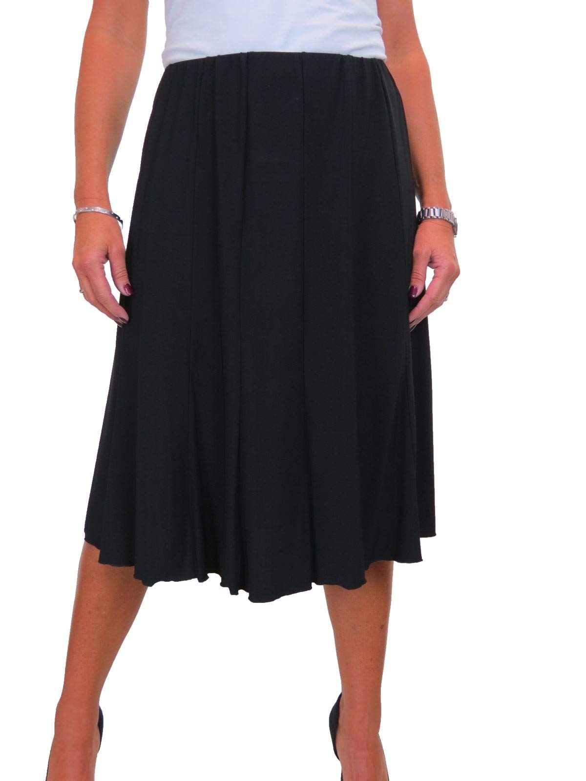 Icecoolfashion Women's Black Below Knee Midi Swing Flare Skirt Soft Stretch Sheen Fully Lined Panel Skirt 8-22 (S)