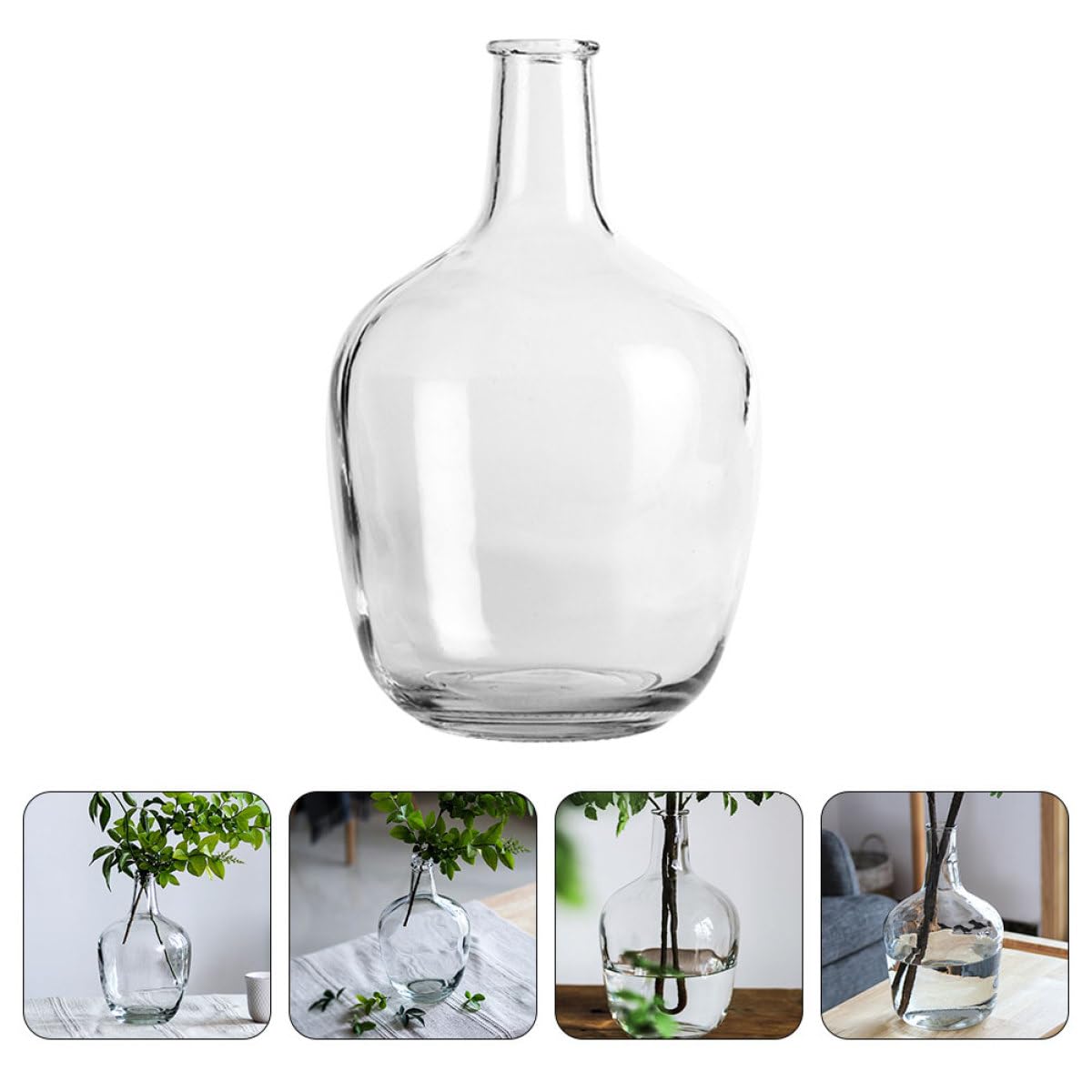 Jarrón de Vidrio Transparente Boca Pequeña Cuerpo Ancho para Flores
