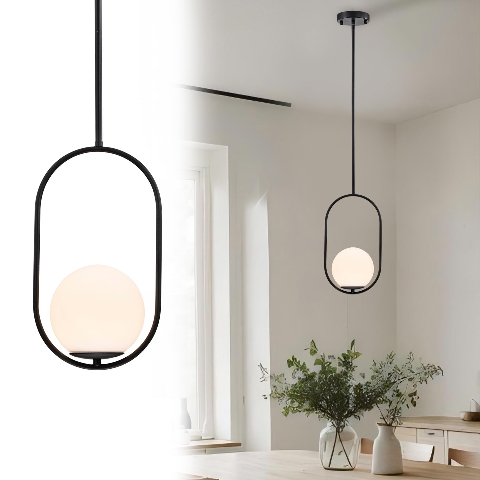 Alighting Pendelleuchte Schwarz mit Milchglas Kugel Ø15 cm | Höhenverstellbare Hängelampe Modern, E14 Glas Pendellampe für Esstisch, Küche, Schlafzimmer, ohne Leuchtmittel