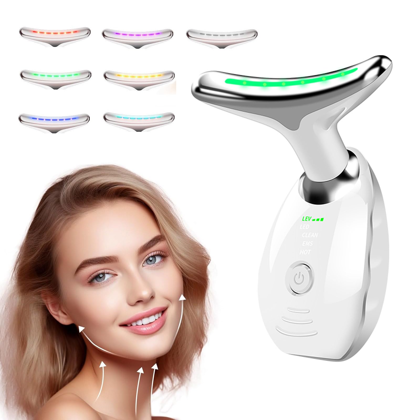 Masseur Visage Électrique, Appareil Anti-Rides à 7 Couleurs avec 3 Modes de Massage, Masseur Visage et Cou Vibrant pour Raffermissement et Douceur de la Peau (Blanc)