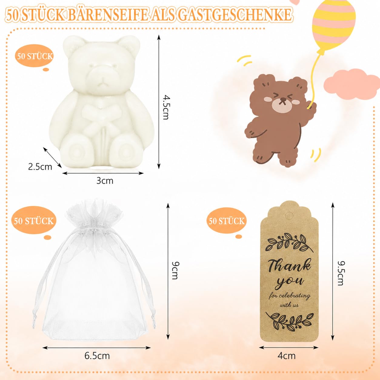 50 unidades Mini Osos Jabón Regalos para Baby Shower, Dulce Fragante Blanco Jabón de Osos para Baby Shower con Caja de Regalo Tarjetas de Agradecimiento, Pequeño Jabón Hecho a Mano para Niños Niñas