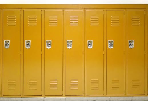 12x8ft School Locker Backdrop Photography Yellow Cabinet Metal School Gym Photography Background Stadium Room Decoration Lockable Cells Security Storage Decors for Kids Students Props Video