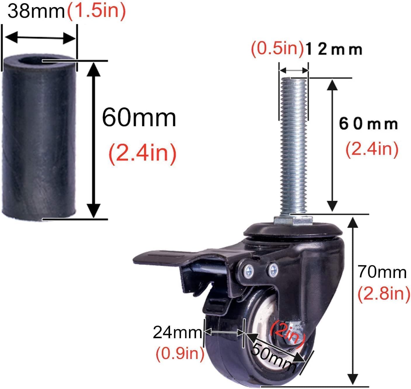 TEmkin Ruote girevoli Ruote girevoli con Tubo Tondo, Ruote con Stelo per carichi Pesanti Ruote con Freno (50 mm/2 Pollici 38 mm)