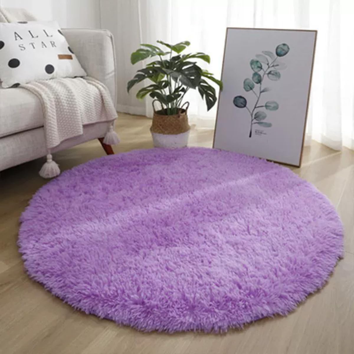 Mozzeilee Round Bath Mat, Plush Machine-Washable Bathroom Shower Floor Rug for Bathtub-Side, Extra Soft Absorbent Fluffy Foot Mat for Hallway Living Room Bedroom (Purple,120cm(Round))