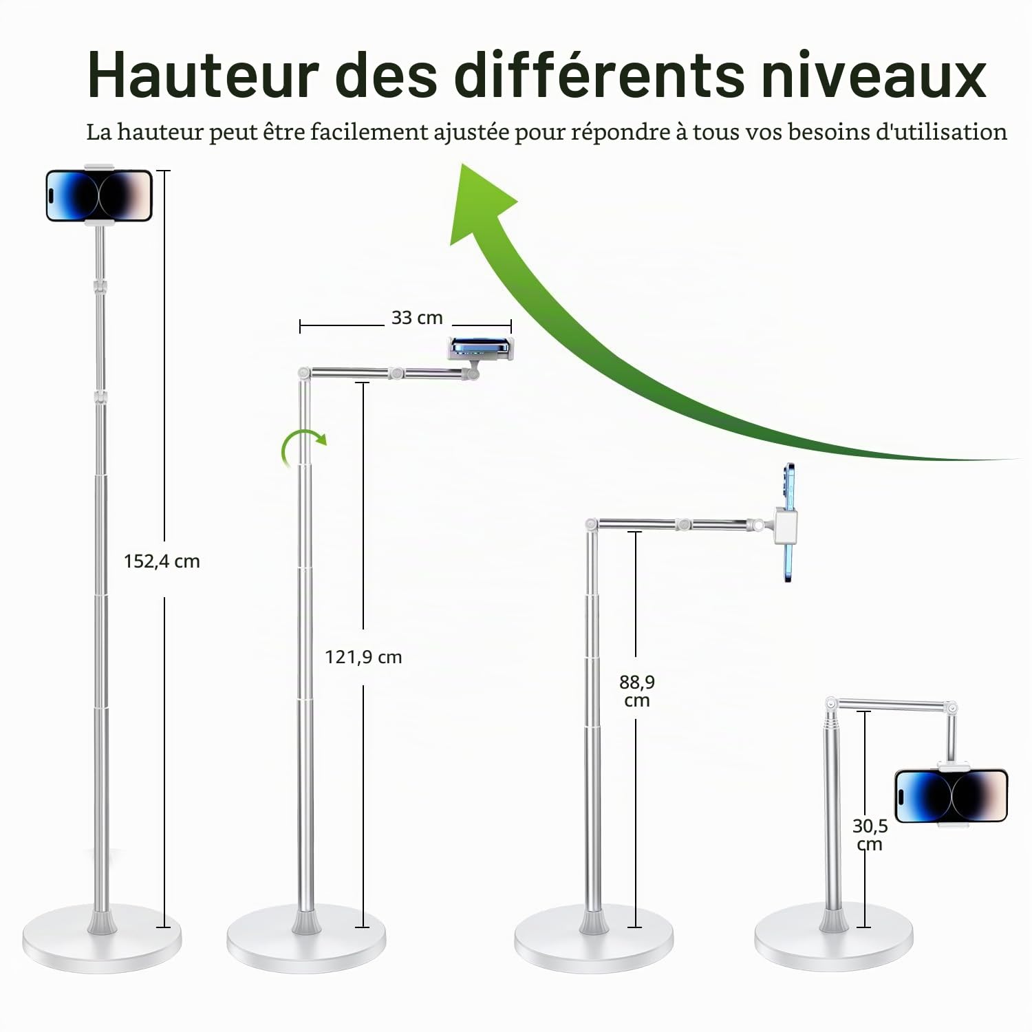 Support de téléphone au sol, bras de chevet réglable, support de téléphone pour enregistrer des prises de vue aériennes, support de téléphone en aluminium rotatif à 360°, compatible avec iPhone