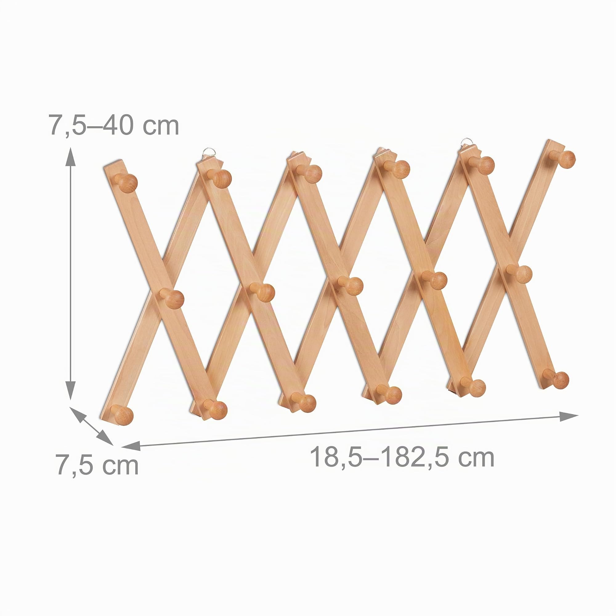 Relaxdays Attaccapanni da Parete, Appendiabiti Allungabile con 17 Ganci, Guardaroba Appendino Ingresso, Legno, Naturale