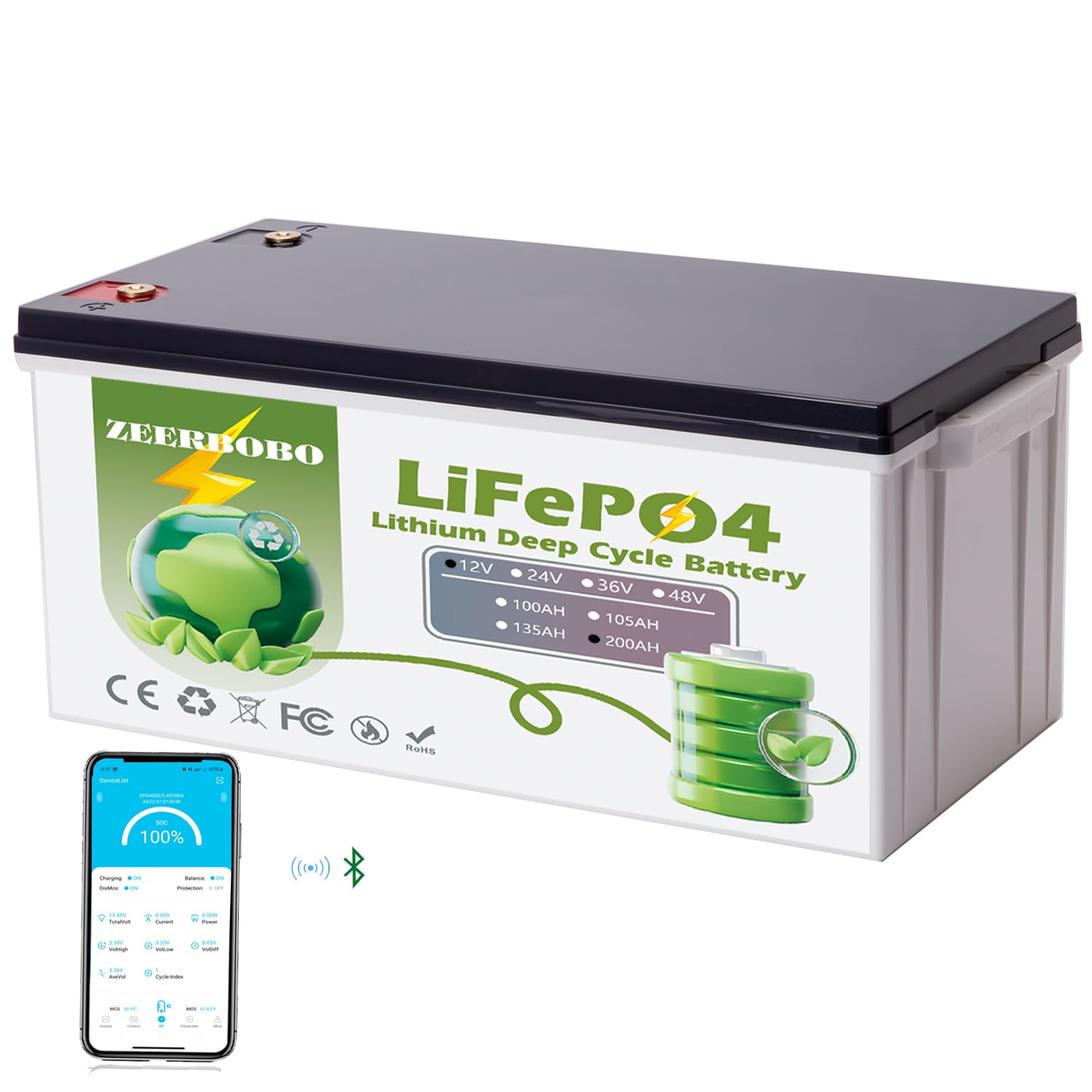 12V 200Ah Plus Bluetooth LiFePO4 Lithium Battery, 2560Wh Energy Max. 2560W Load Power Built-in 200A JBD BMS,10 Years Lifetime 8000+ Cycles, Perfect for RV Solar Energy Storage Marine Trolling Motor